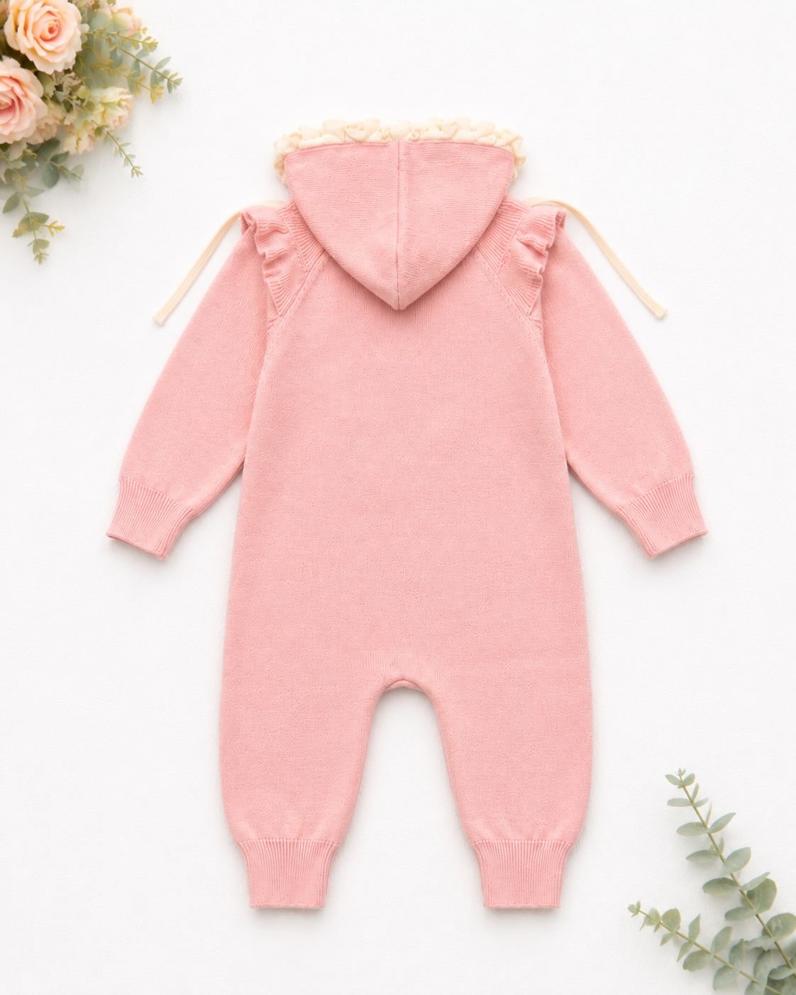 Hand-Stitched Floral Baby Hooded Knitted Romper – Blush Pink - Image 5