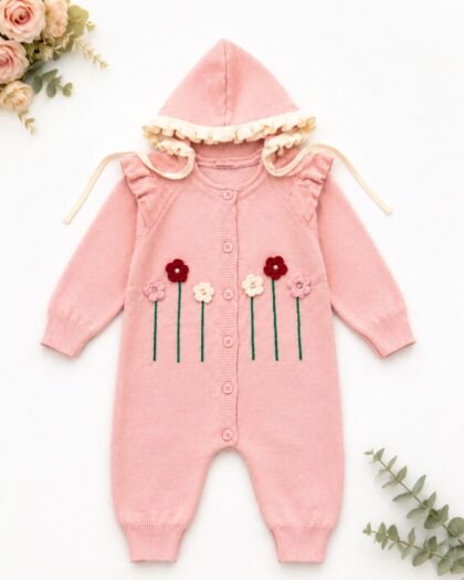Hand-Stitched Floral Baby Hooded Knitted Romper – Blush Pink