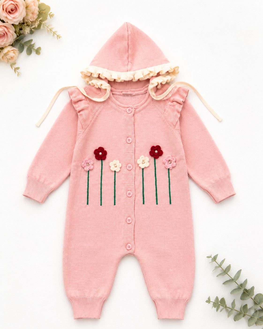Hand-Stitched Floral Baby Hooded Knitted Romper – Blush Pink