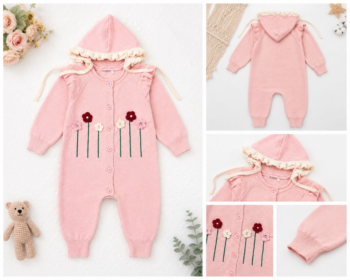 Hand-Stitched Floral Baby Hooded Knitted Romper – Blush Pink - Image 3