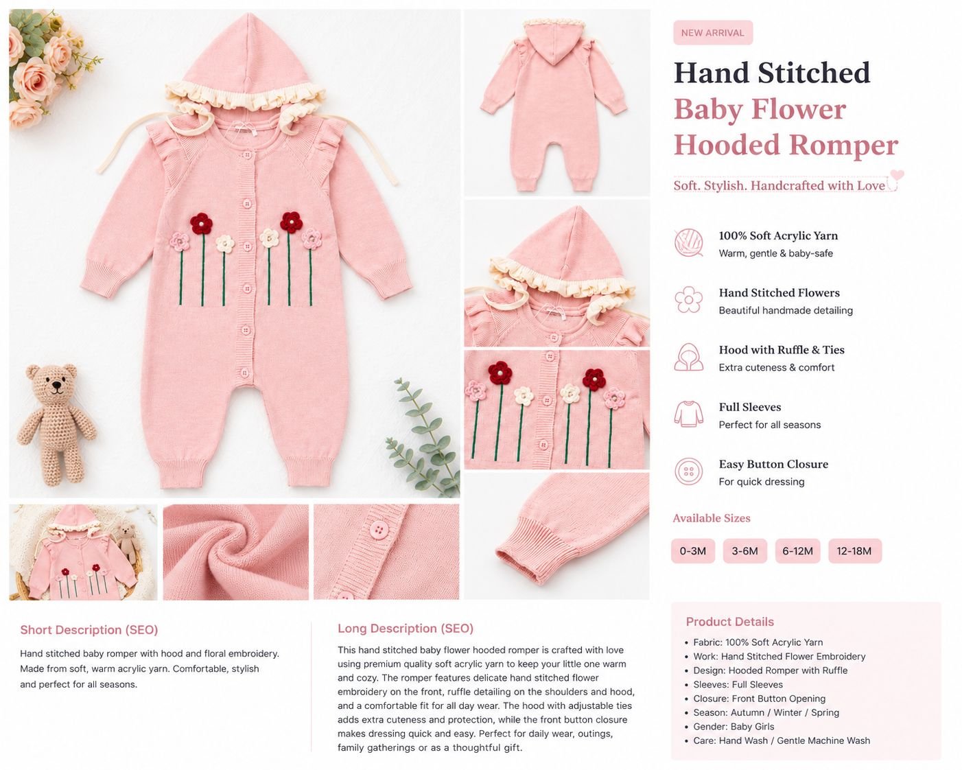 Hand-Stitched Floral Baby Hooded Knitted Romper – Blush Pink - Image 2