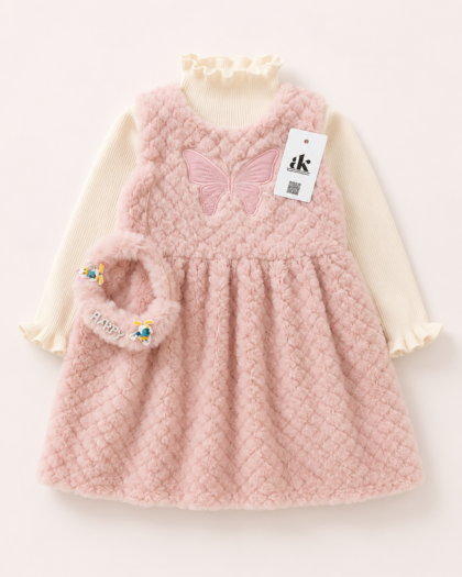 Blush Pink Butterfly Winter Baby Girl Dress Set