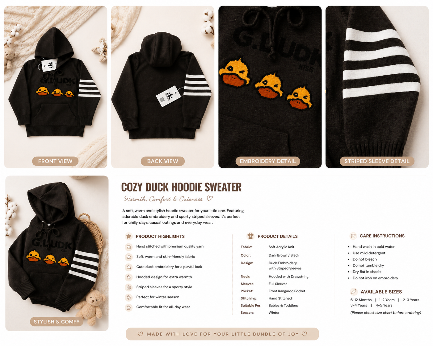 Cozy Duck Embroidered Hoodie Sweater for Kids – Black - Image 3