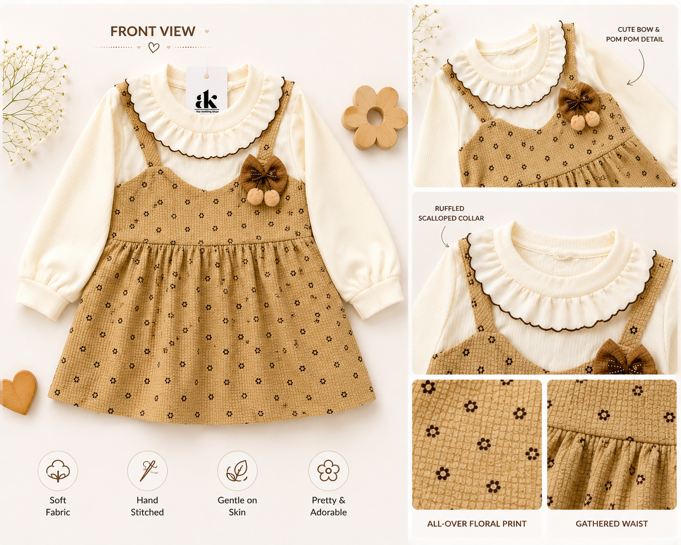Baby Girls Cream & Beige Floral Pinafore Dress – 2 Piece Winter Set - Image 4