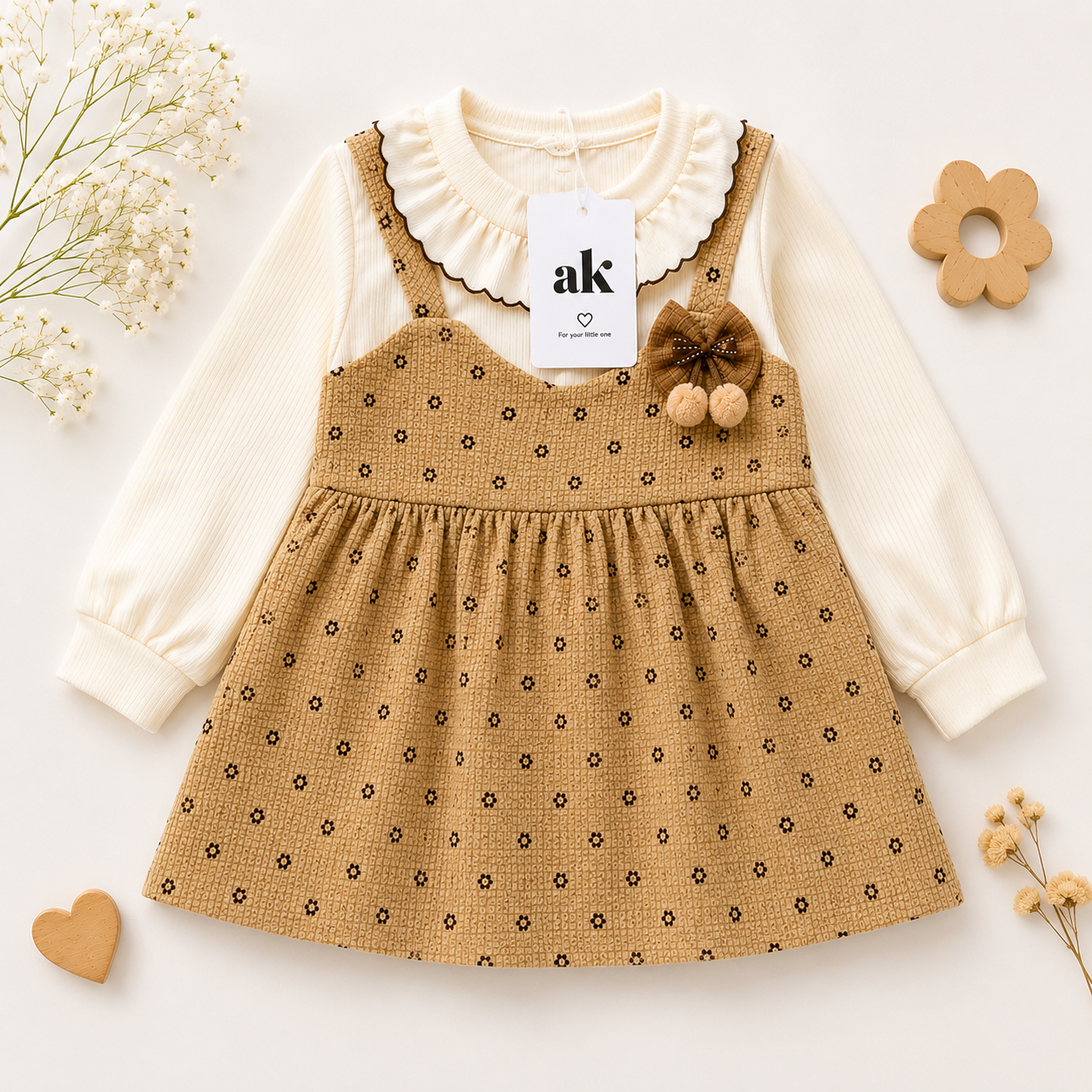Baby Girls Cream & Beige Floral Pinafore Dress – 2 Piece Winter Set - Image 3