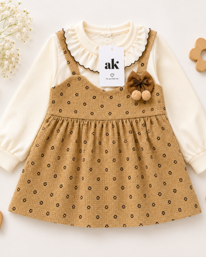 Baby Girls Cream & Beige Floral Pinafore Dress – 2 Piece Winter Set