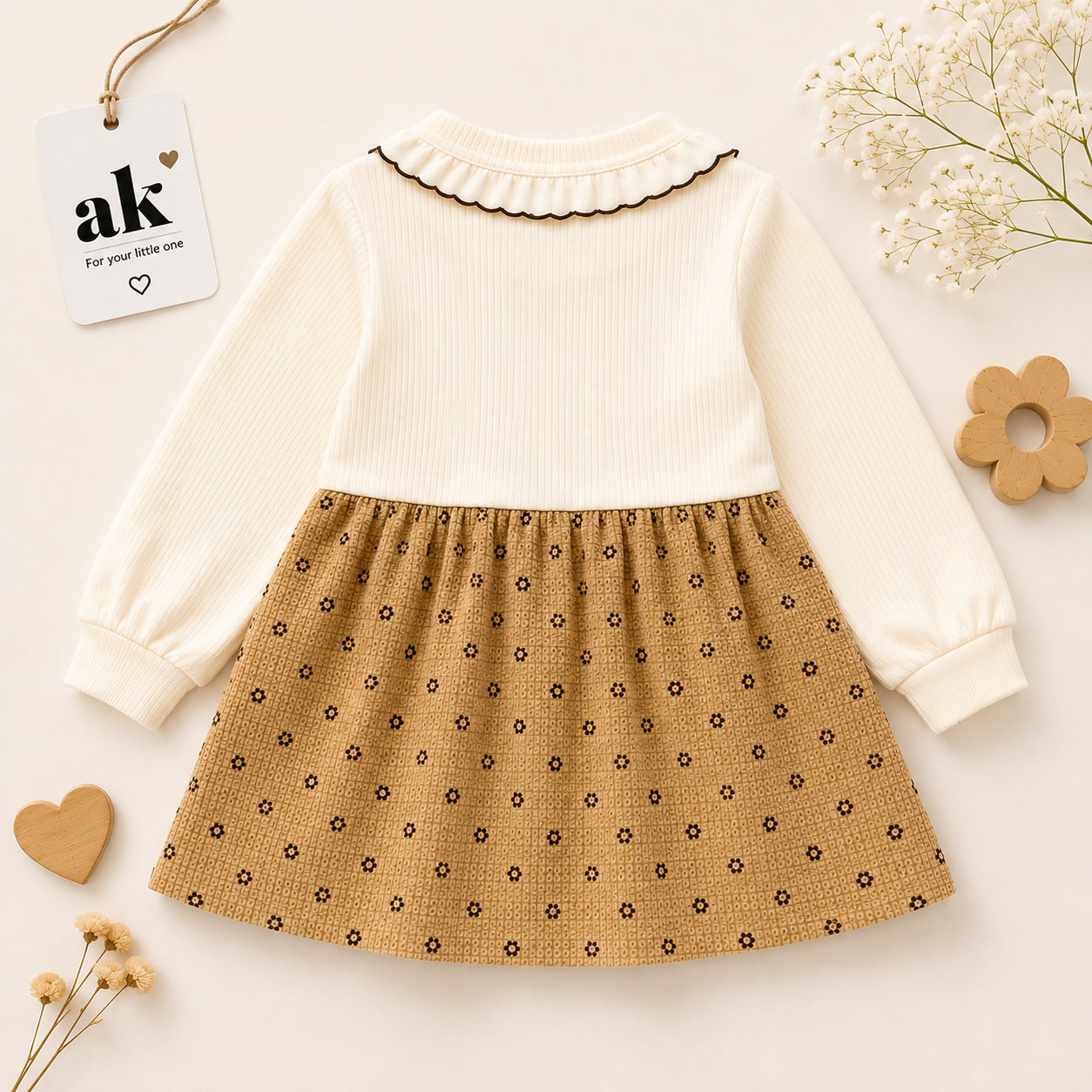 Baby Girls Cream & Beige Floral Pinafore Dress – 2 Piece Winter Set - Image 2