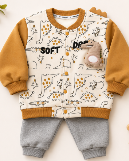 Dino Adventure Baby 2-Piece Winter Set – Cream & Mustard