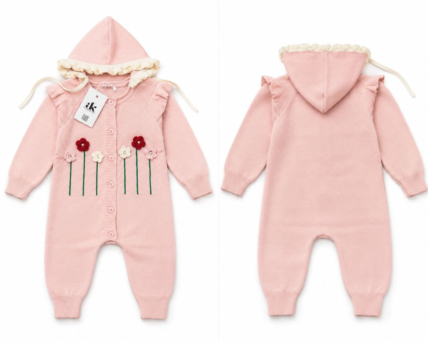 Hand-Stitched Floral Baby Hooded Knitted Romper – Blush Pink - Image 4