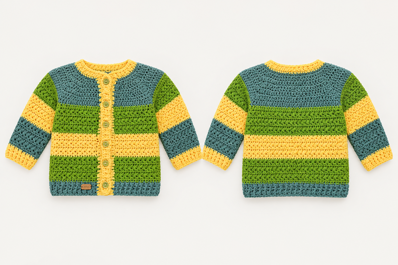 Handmade Multicolor Crochet Baby Sweater – Green, Yellow & Blue - Image 3