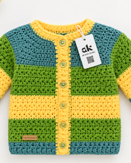 Handmade Multicolor Crochet Baby Sweater – Green, Yellow & Blue