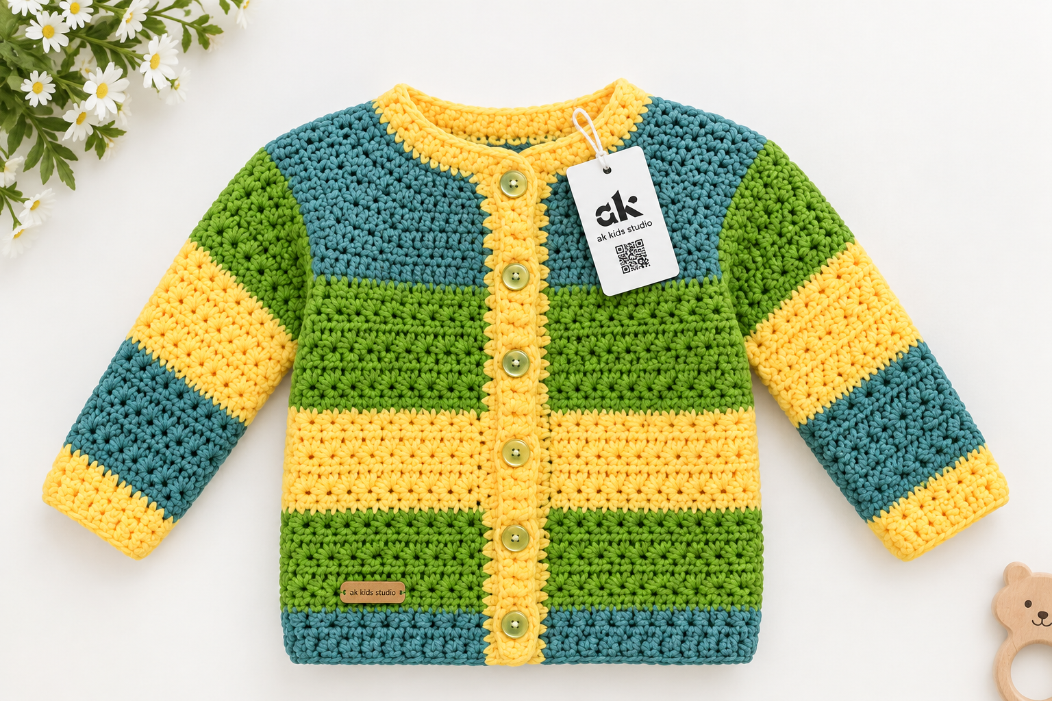 Handmade Multicolor Crochet Baby Sweater – Green, Yellow & Blue