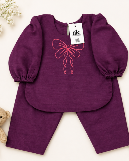 Purple Bow Embroidered Hand-Stitched Baby 2-Piece Set