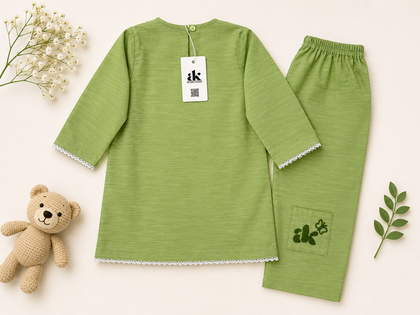 Green Butterfly Embroidered Baby Girl 2-Piece Set | Hand-Stitched Outfit - Image 4