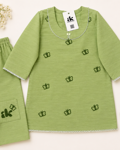 Green Butterfly Embroidered Baby Girl 2-Piece Set | Hand-Stitched Outfit