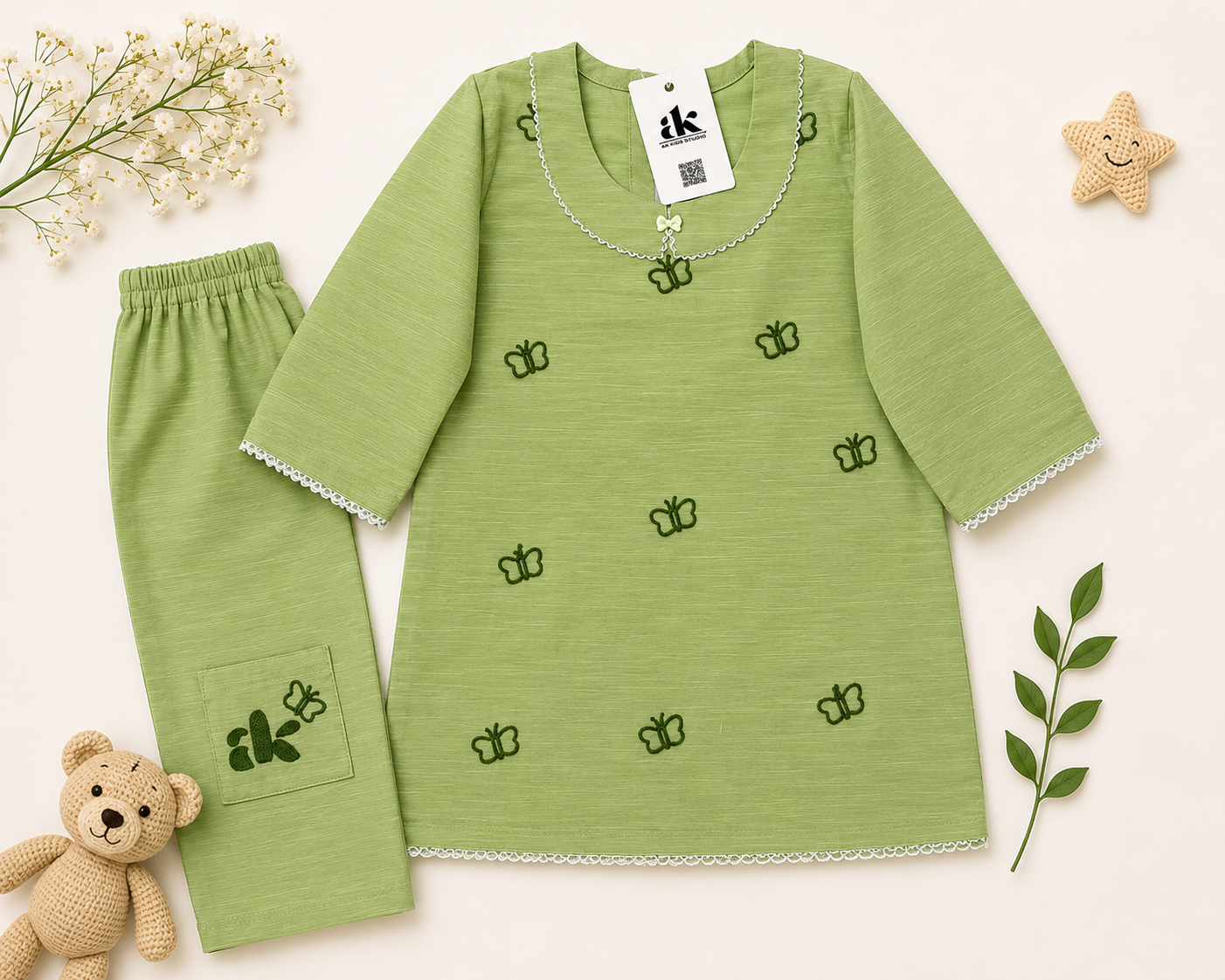Green Butterfly Embroidered Baby Girl 2-Piece Set | Hand-Stitched Outfit