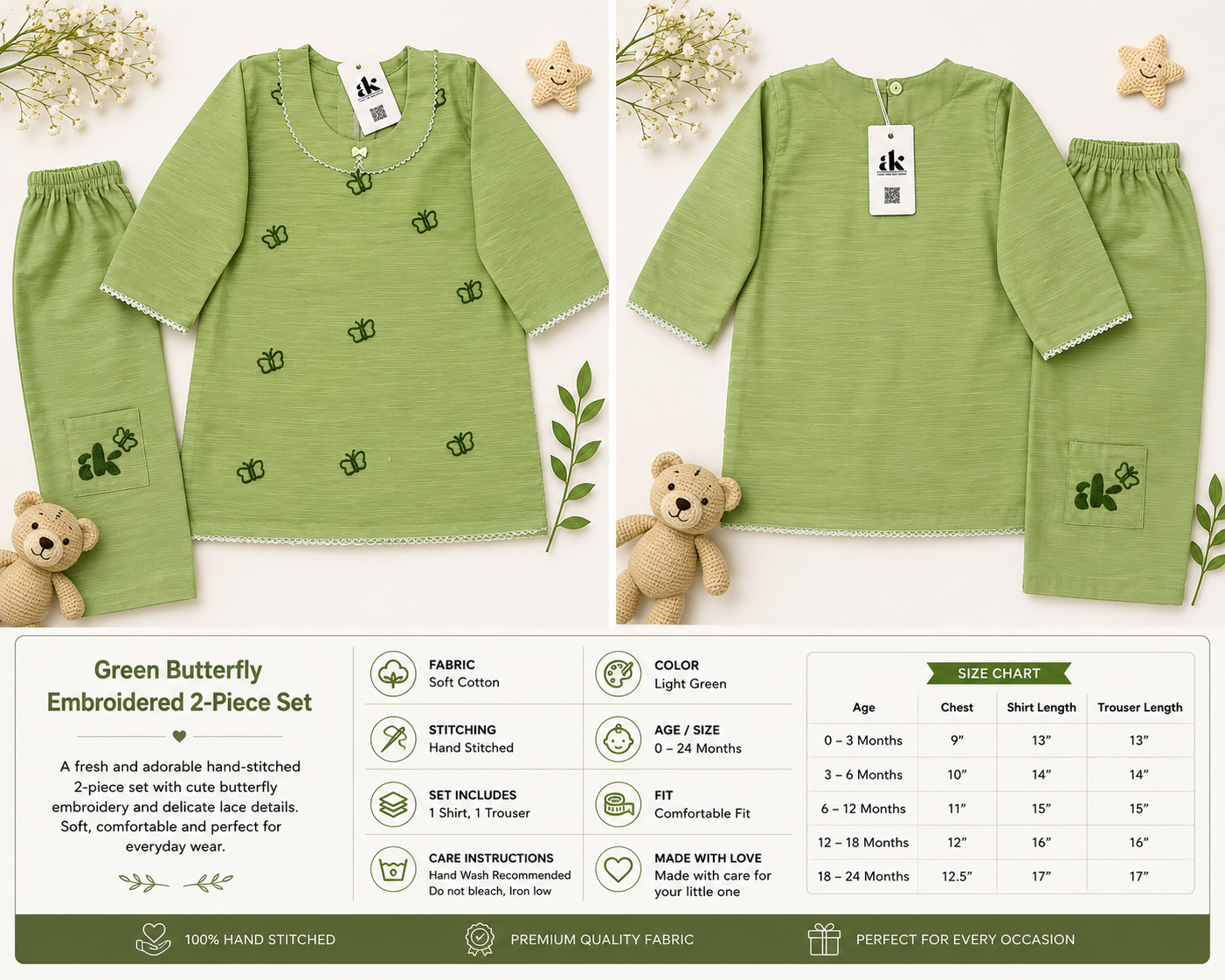 Green Butterfly Embroidered Baby Girl 2-Piece Set | Hand-Stitched Outfit - Image 3