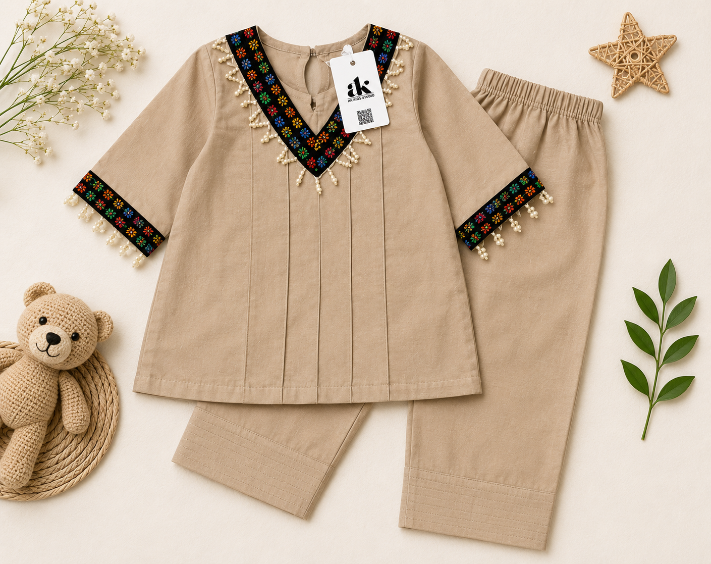 Beige Multicolor Embroidered Baby 2-Piece Set | Hand-Stitched