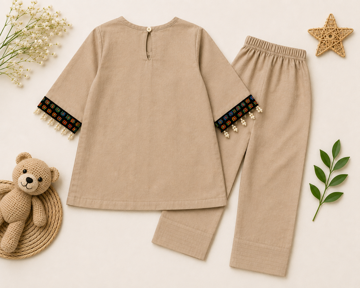 Beige Multicolor Embroidered Baby 2-Piece Set | Hand-Stitched - Image 2