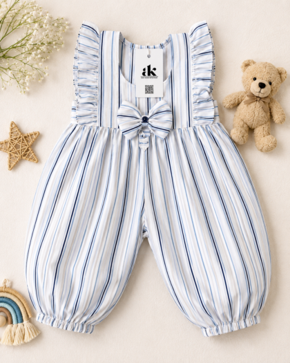 Blue & White Striped Baby Girl Romper with Bow | Hand-Stitched