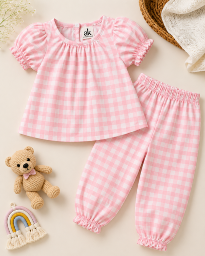 Pink Checkered Shirt & Shalwar Set for Baby Girls