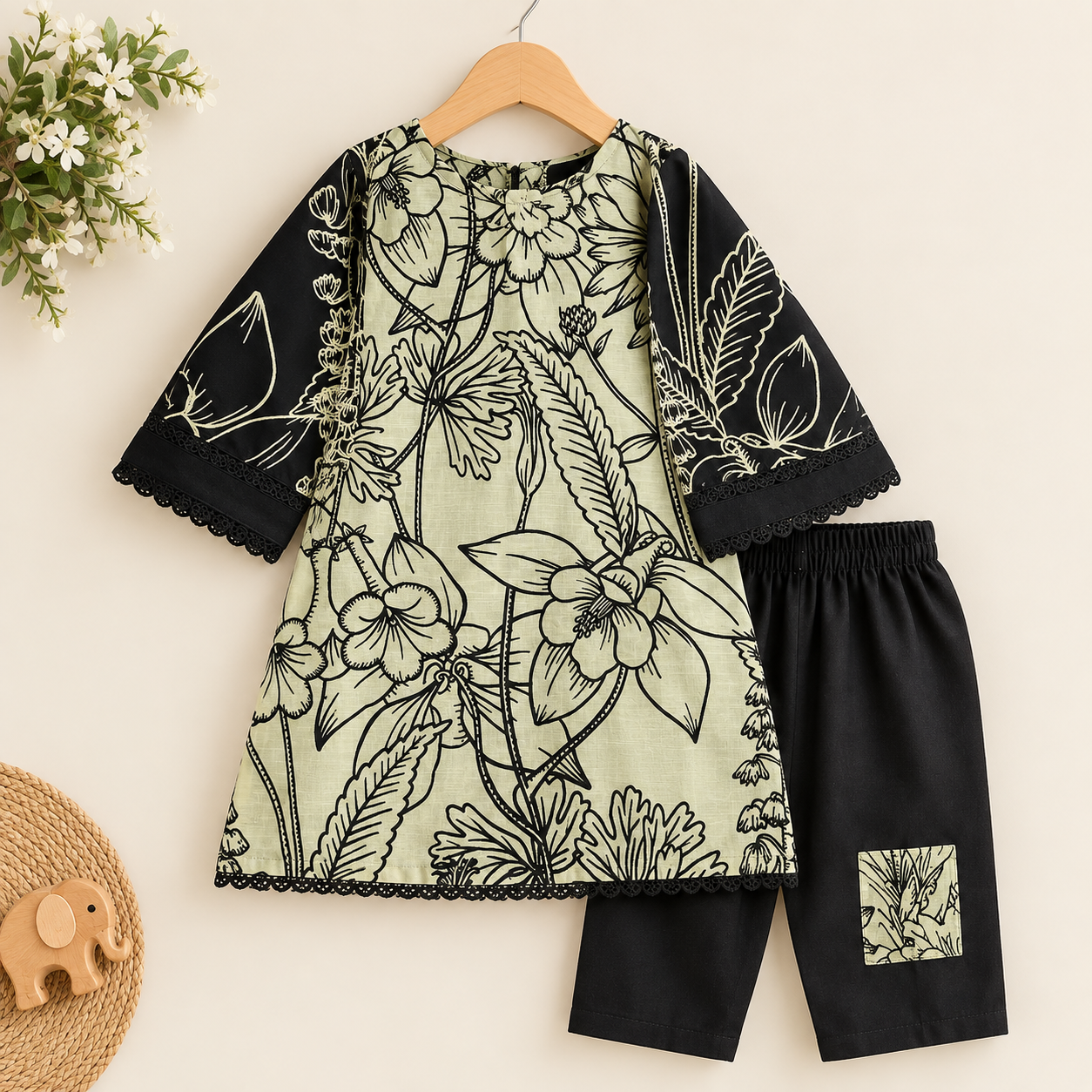 Black & Ivory Botanical Girls’ 2-Piece Suit
