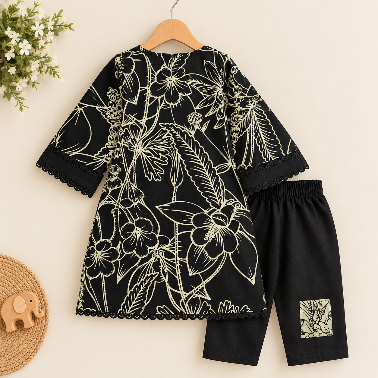 Black & Ivory Botanical Girls’ 2-Piece Suit - Image 2