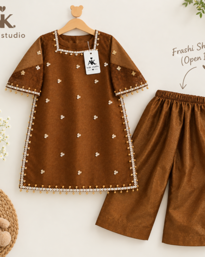 Handwork Brown Embroidered Kurta Shalwar Set for Baby Girls