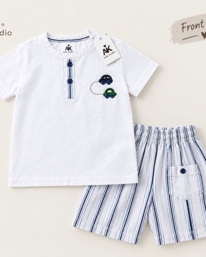 Handmade White Kurta Shirt with Striped Shorts for Baby Boys