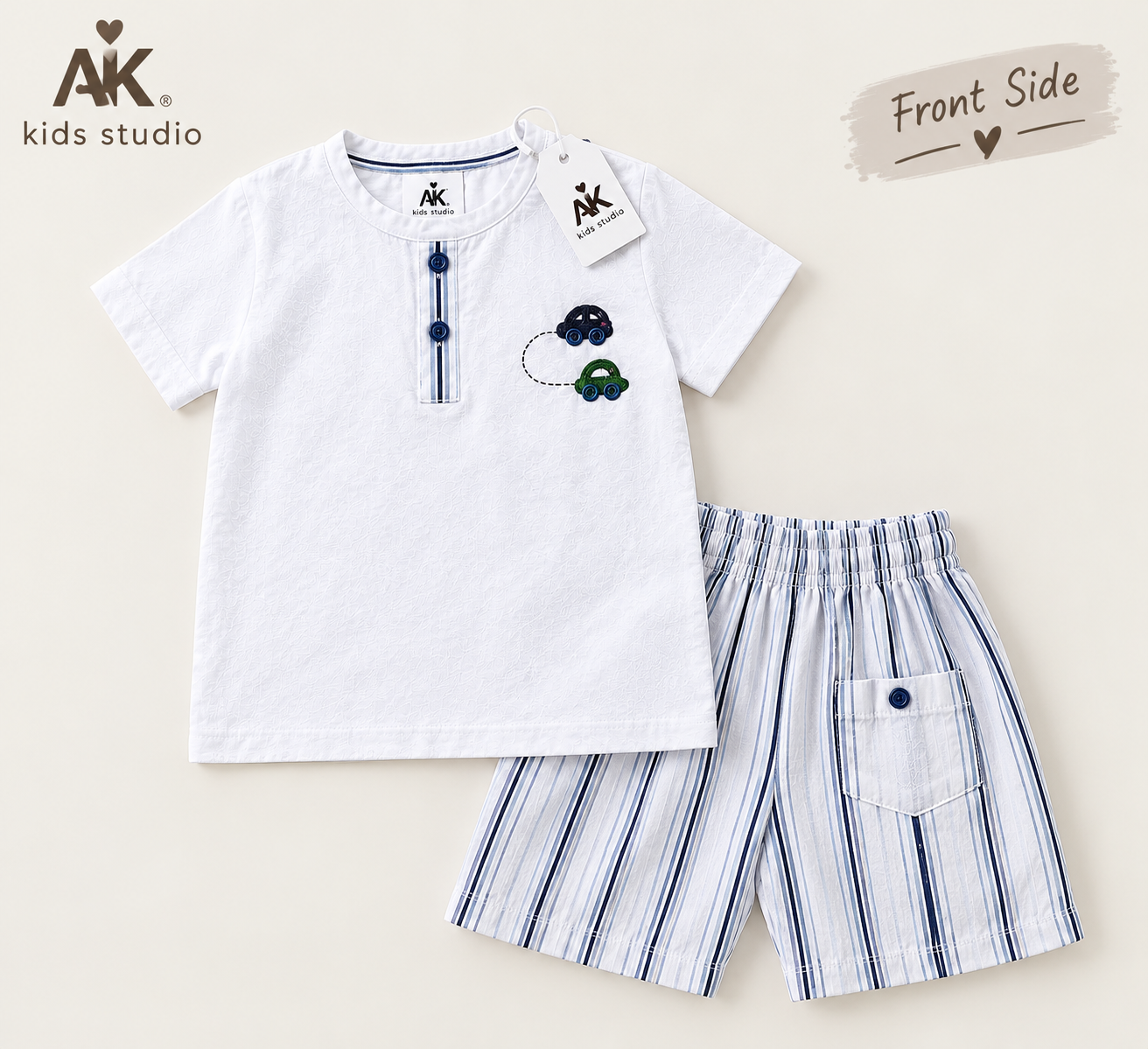 Handmade White Kurta Shirt with Striped Shorts for Baby Boys