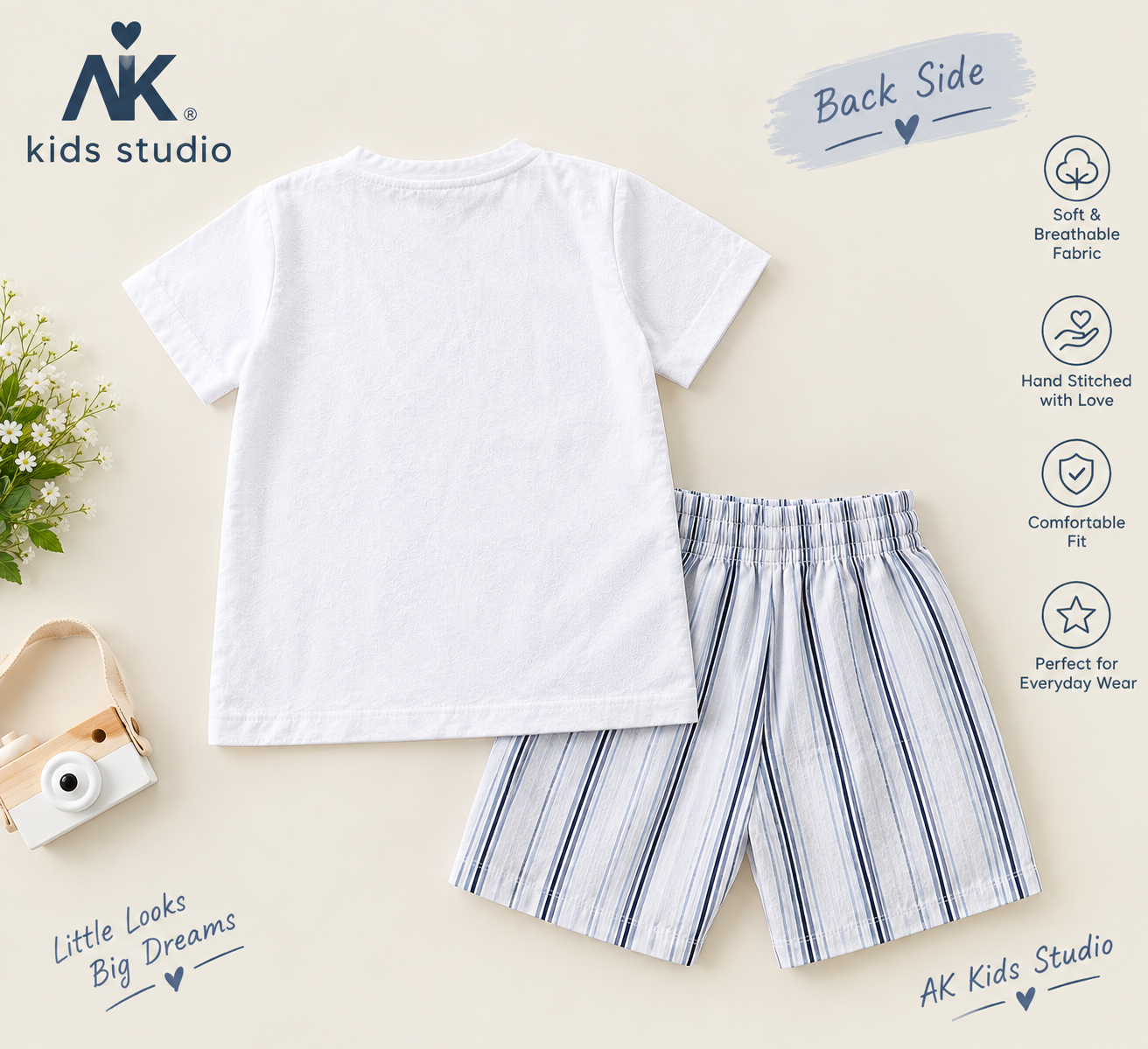 Handmade White Kurta Shirt with Striped Shorts for Baby Boys - Image 3