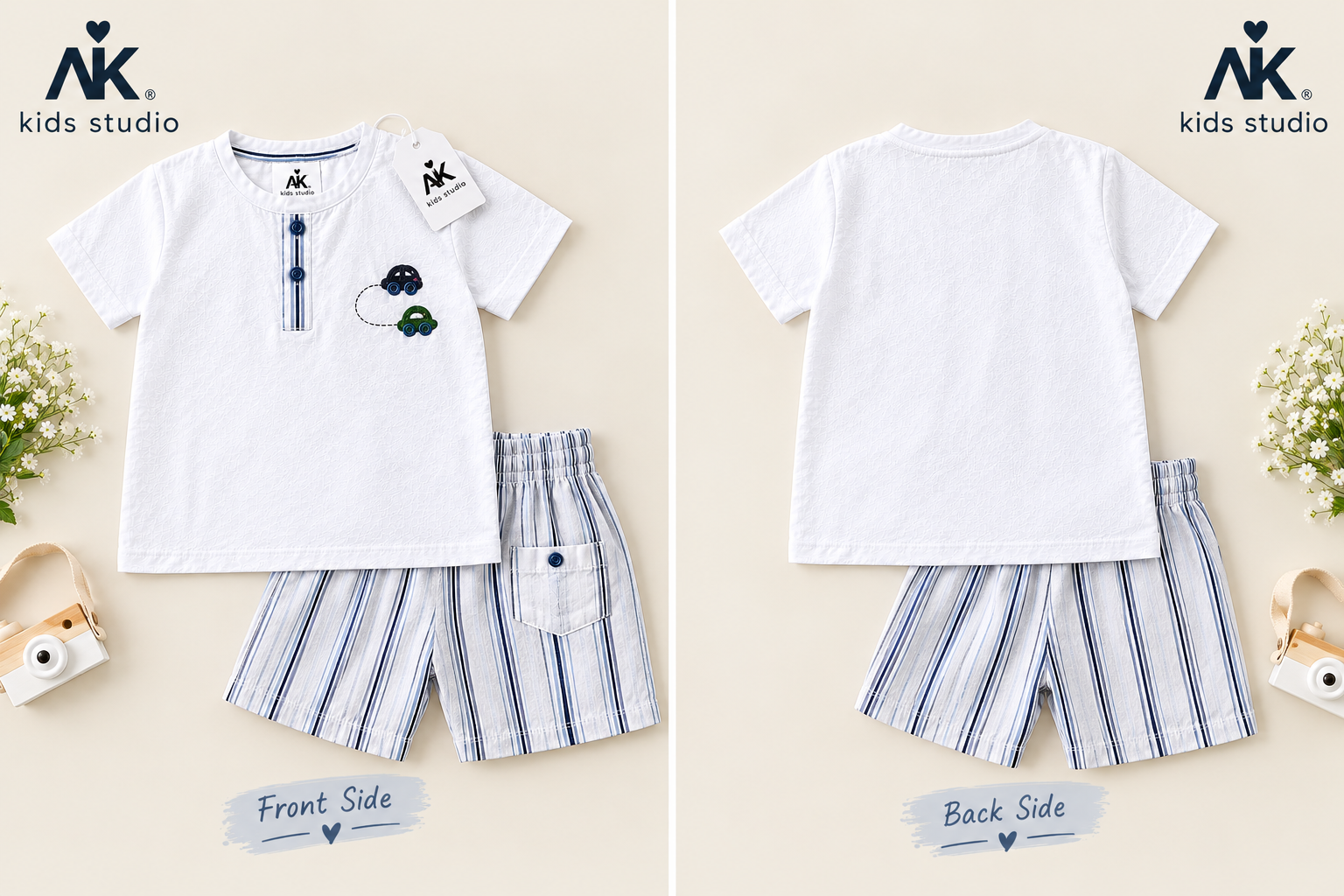 Handmade White Kurta Shirt with Striped Shorts for Baby Boys - Image 2