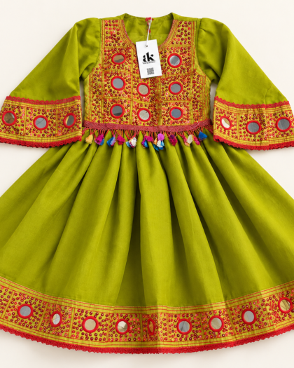 Lime Green Hand-Stitched Mirror Work Frock with Shalwar for Baby Girls