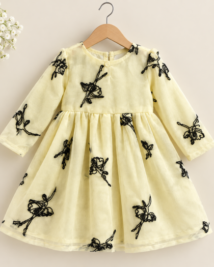 Cream Yellow Hand-Stitched Floral Embroidery Frock for Baby Girls