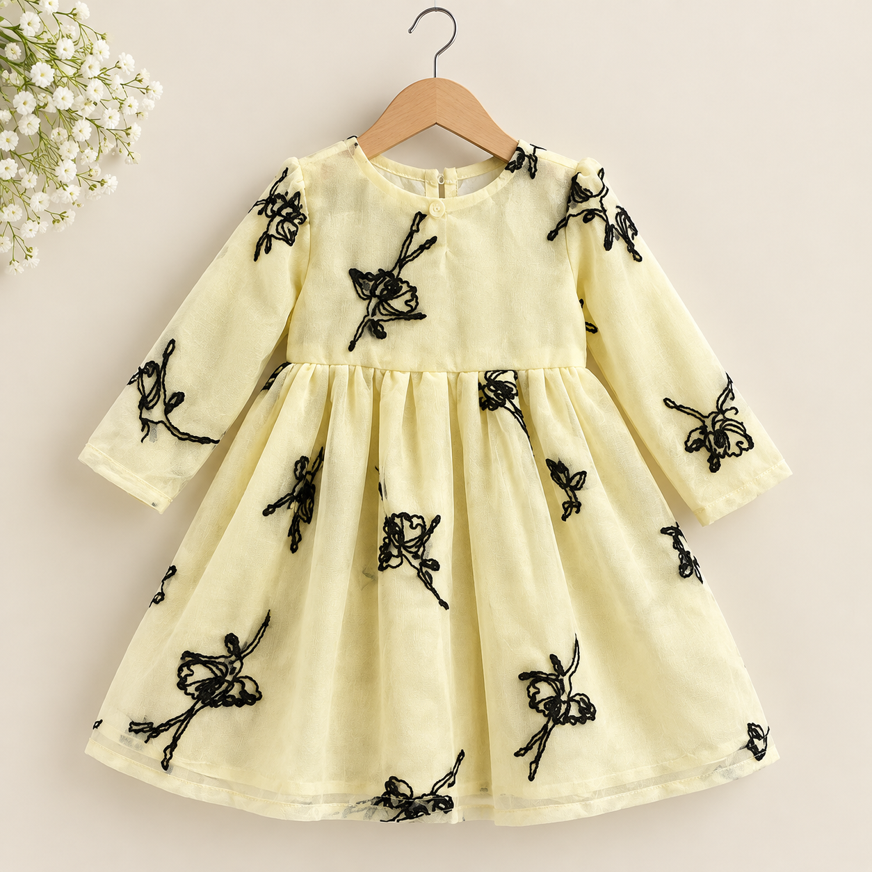Cream Yellow Hand-Stitched Floral Embroidery Frock for Baby Girls