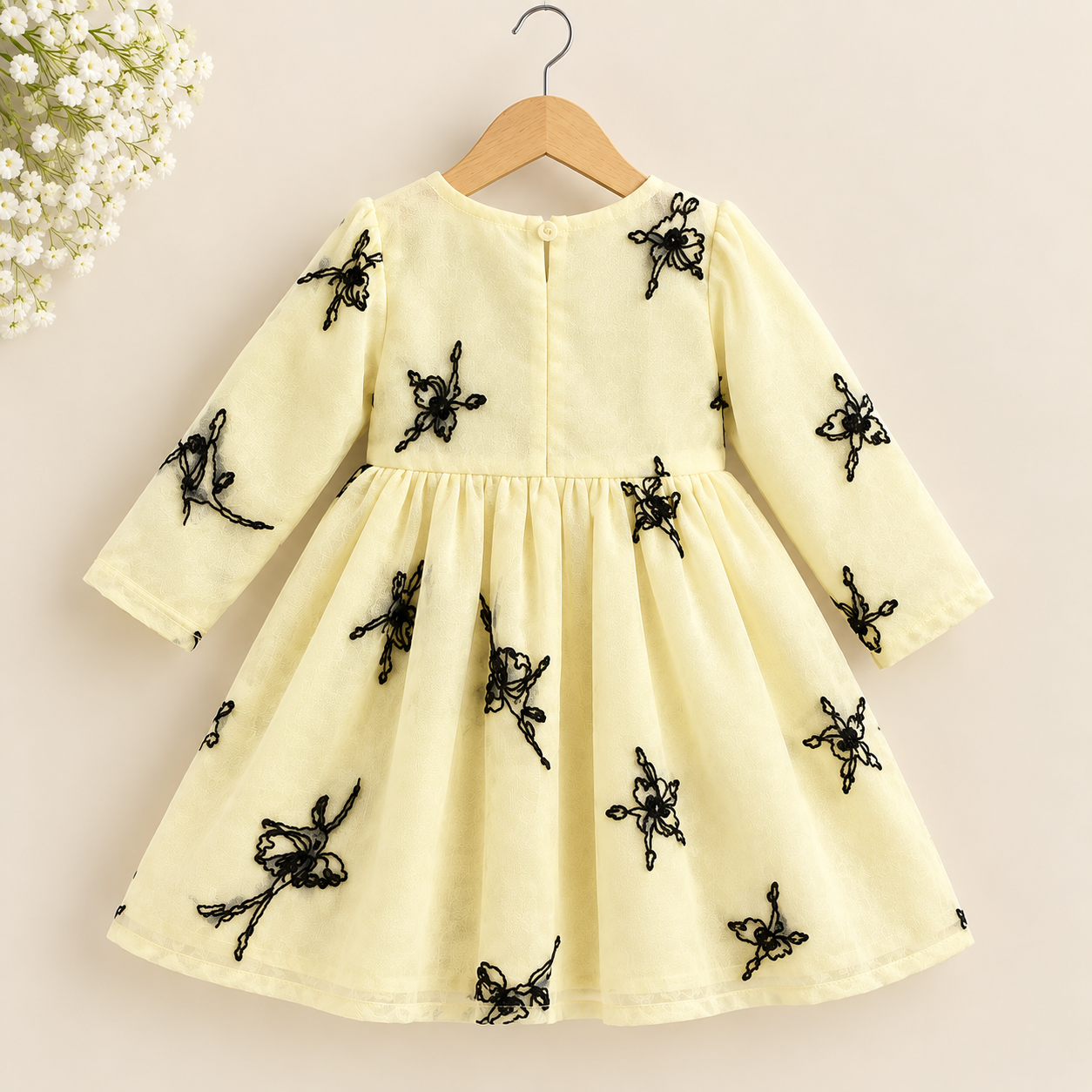 Cream Yellow Hand-Stitched Floral Embroidery Frock for Baby Girls - Image 2