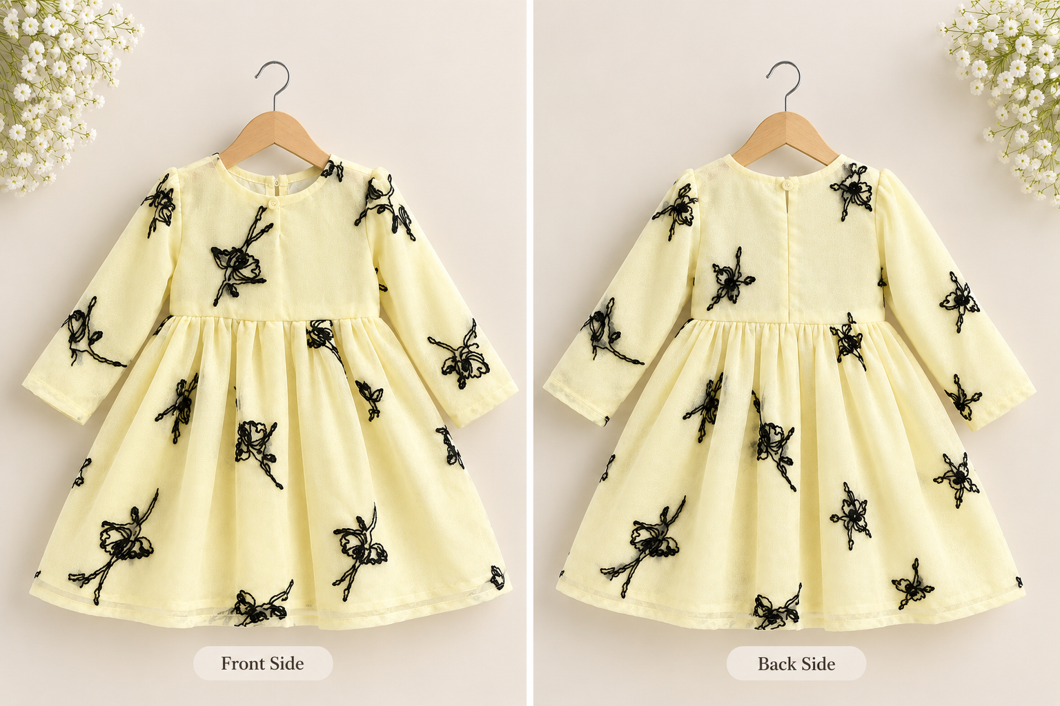 Cream Yellow Hand-Stitched Floral Embroidery Frock for Baby Girls - Image 4