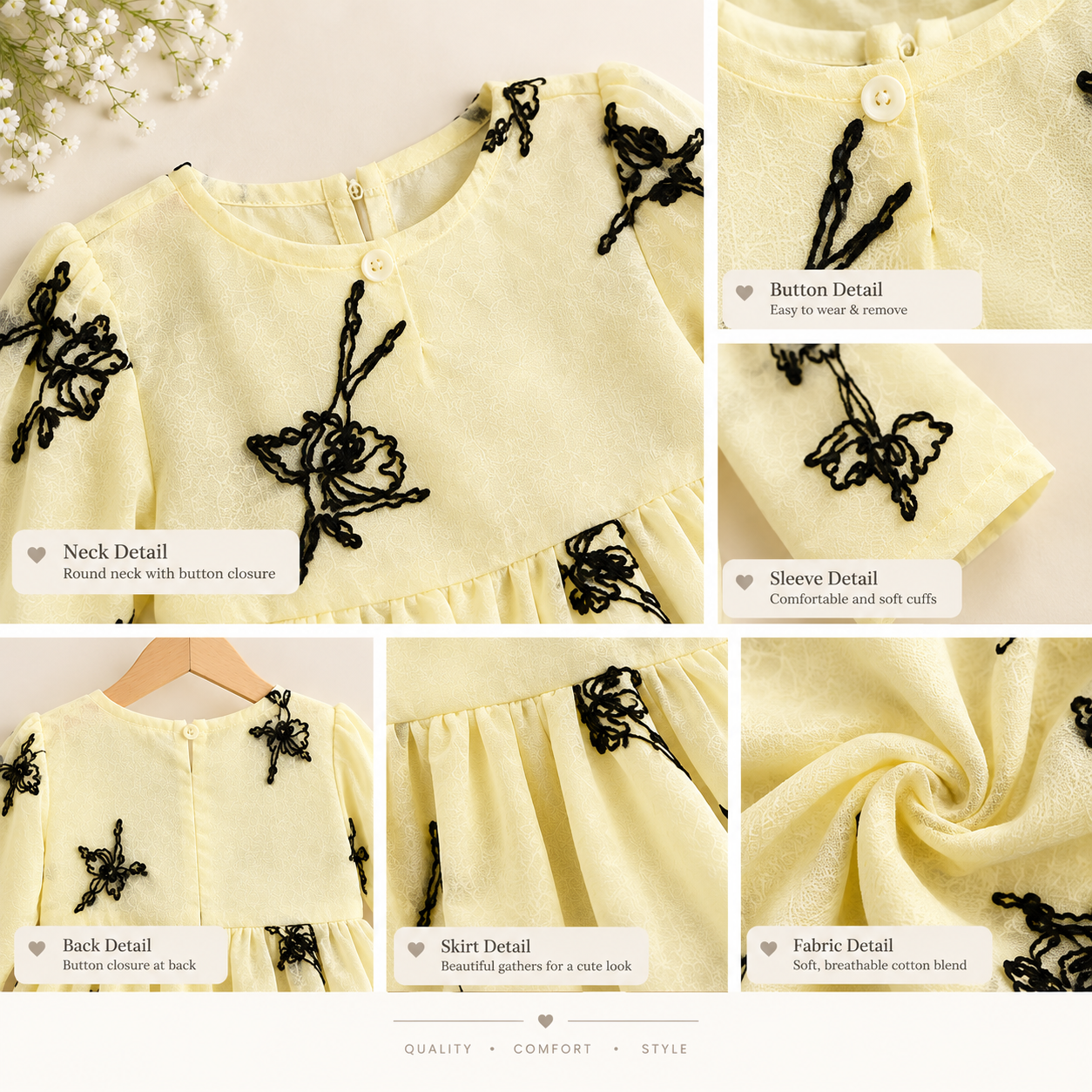 Cream Yellow Hand-Stitched Floral Embroidery Frock for Baby Girls - Image 3