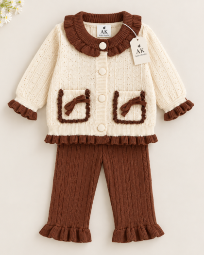 Cream & Brown Knitted Baby Cardigan Set with Ribbed Pants