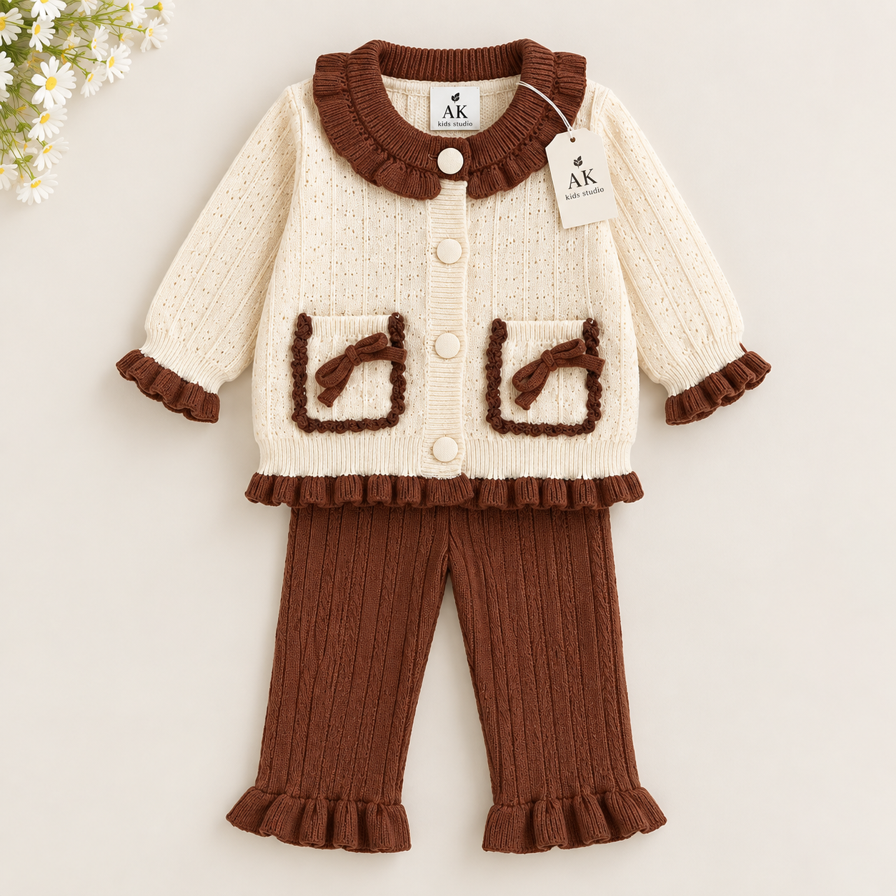 Cream & Brown Knitted Baby Cardigan Set with Ribbed Pants