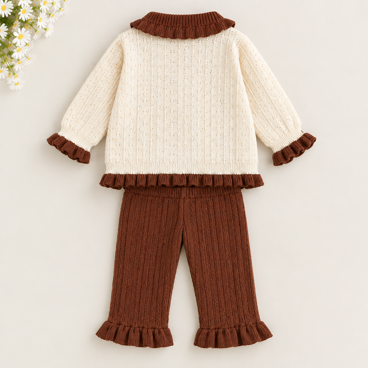 Cream & Brown Knitted Baby Cardigan Set with Ribbed Pants - Image 2