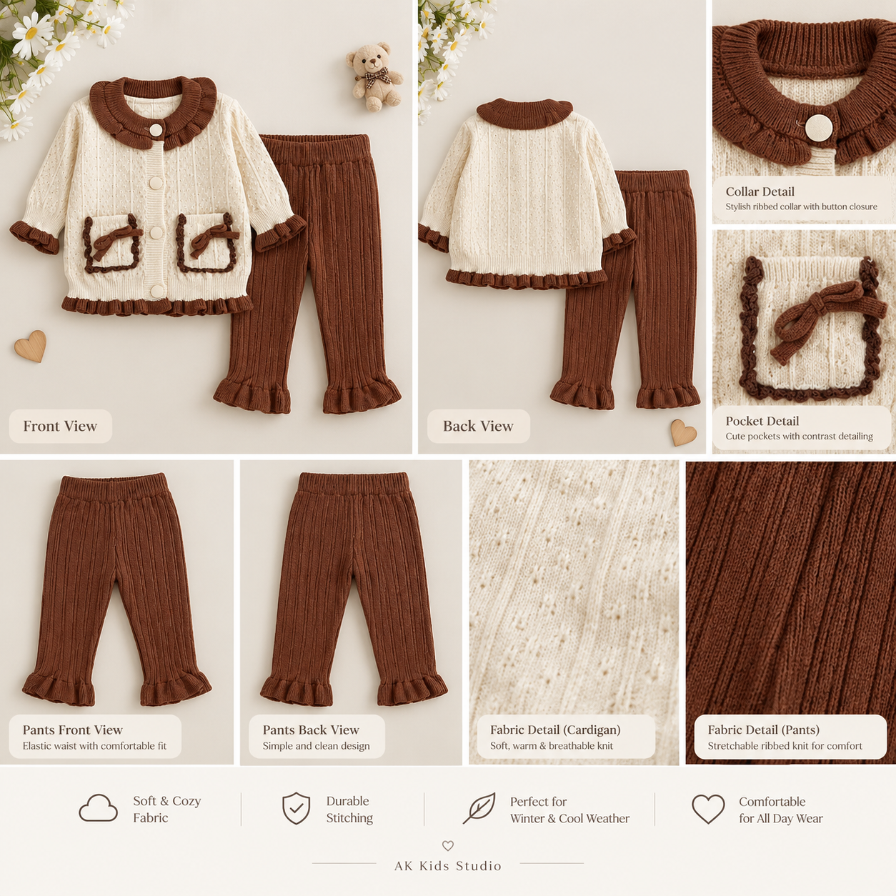 Cream & Brown Knitted Baby Cardigan Set with Ribbed Pants - Image 3