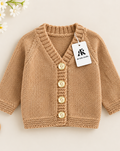 Hand Knitted Beige Baby Cardigan – Button Front Sweater