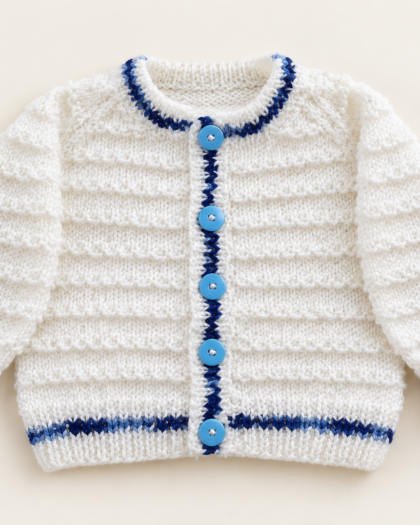White & Blue Hand-Knitted Baby Cardigan
