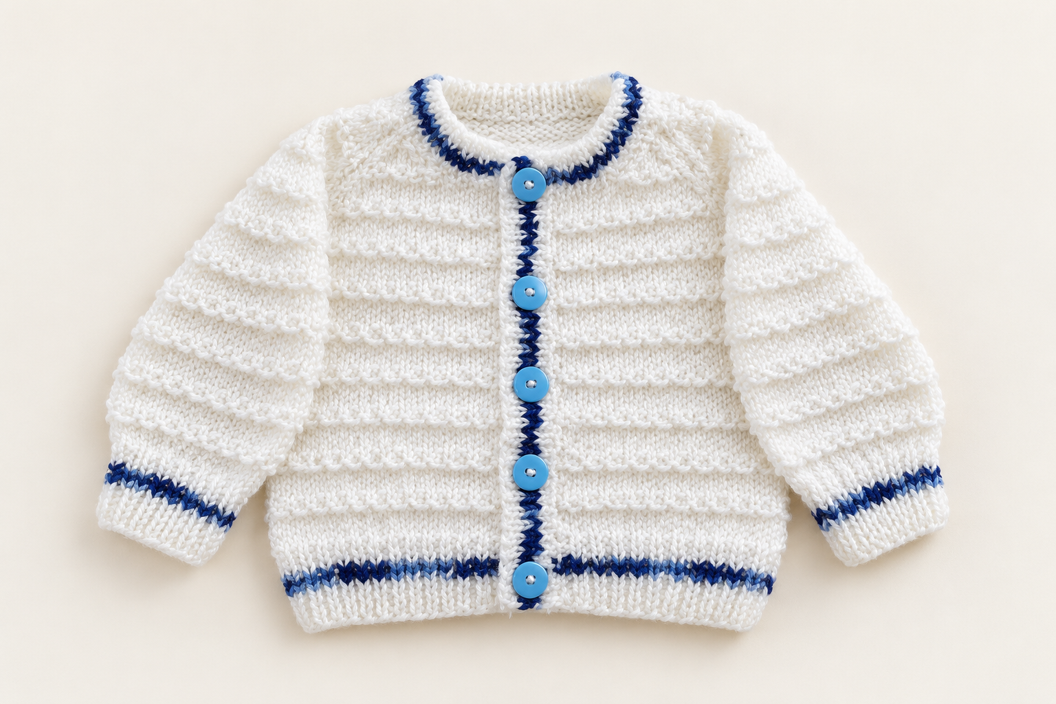 White & Blue Hand-Knitted Baby Cardigan