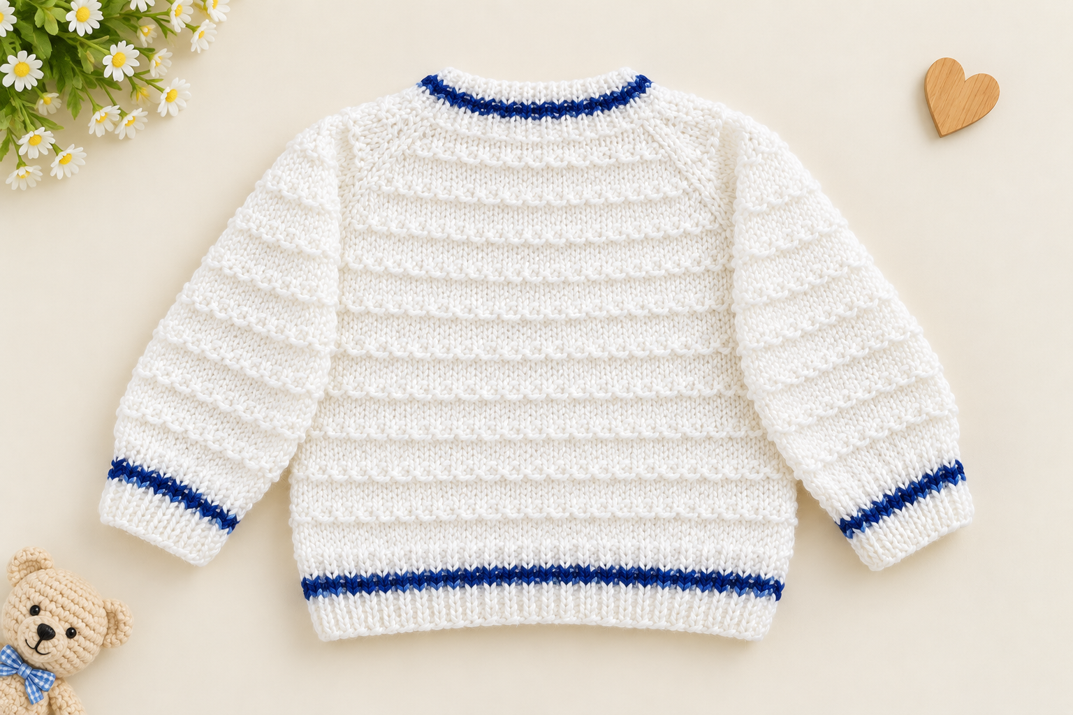 White & Blue Hand-Knitted Baby Cardigan - Image 2