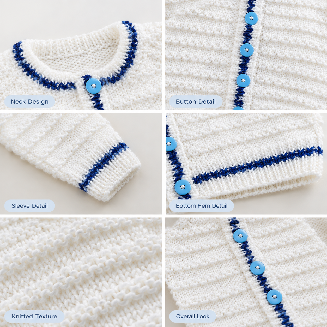 White & Blue Hand-Knitted Baby Cardigan - Image 3