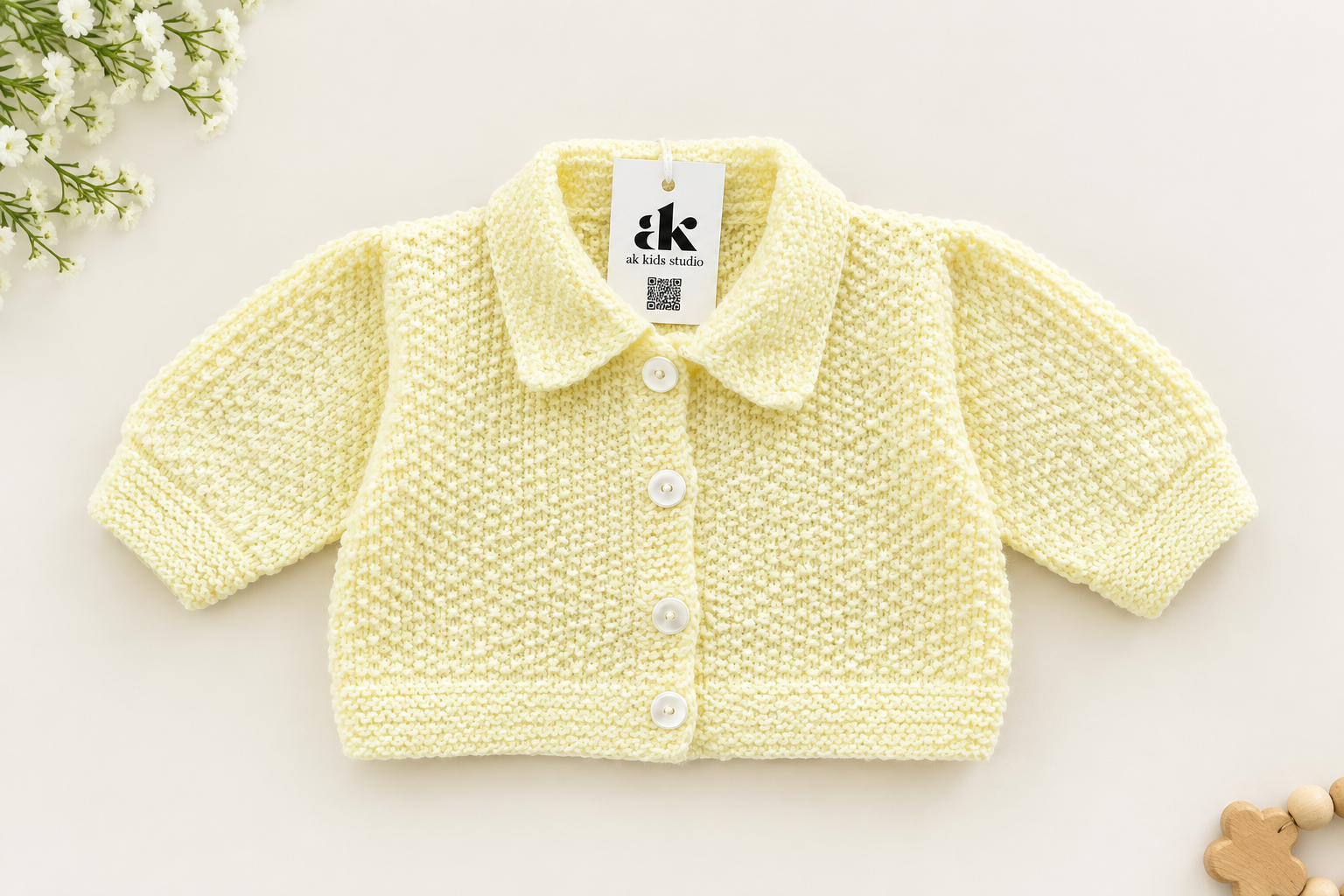 Cream Hand-Knitted Baby Cardigan with Collar
