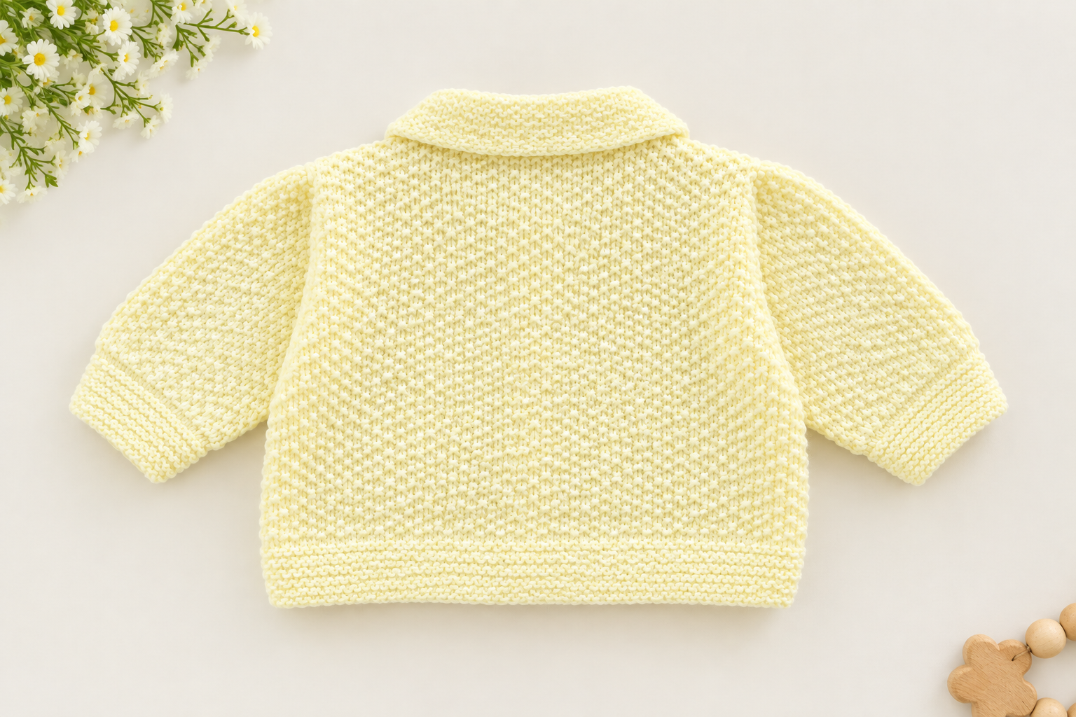 Cream Hand-Knitted Baby Cardigan with Collar - Image 2