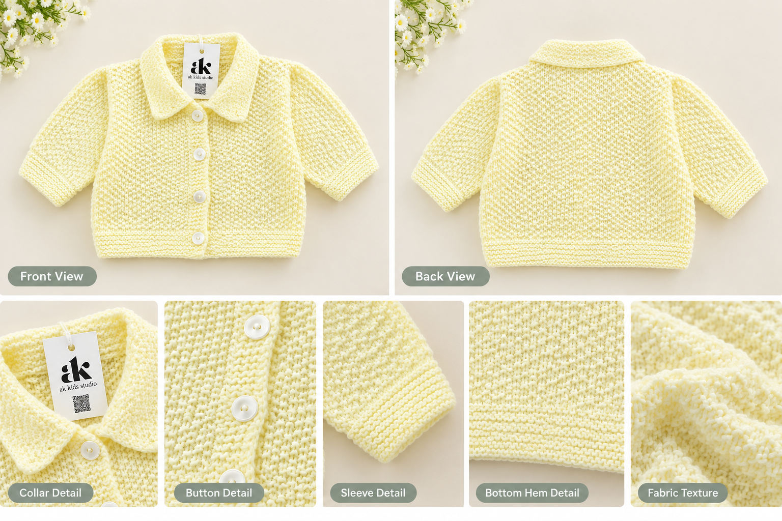 Cream Hand-Knitted Baby Cardigan with Collar - Image 3